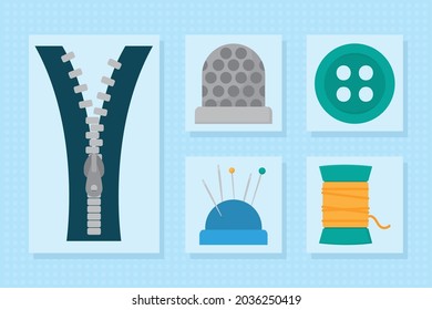 sewing icon set on blue background