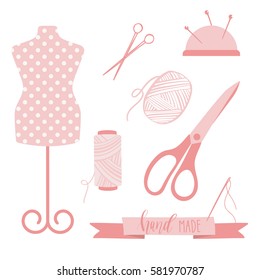 Sewing icon set. Vintage style vector in pastel colors. Retro  tools, can be used for logo.