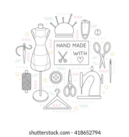 Sewing icons arranged in a circle shape. Modern trendy line illustration. Tailoring background for logo, web and print designs.