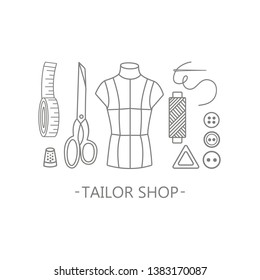 Sewing icons.  Bobbin, safety pin, needle and other things for stitching. Embroidery equipment. Line art vector illustration. 