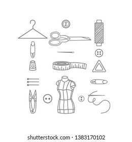 Sewing icons.  Bobbin, safety pin, needle and other things for stitching. Embroidery equipment. Line art vector illustration. 