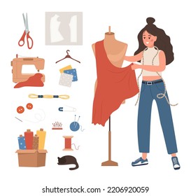 Sewing icons collection. Woman seamstress at mannequin takes measurements. Young female tailor create clothes in studio. Fashion designer or dressmaker. Vector illustration in flat cartoon style.