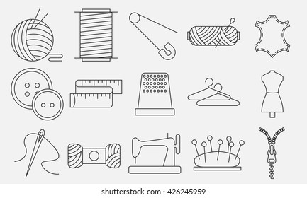 Sewing icons. Embroidery equipment. Bobbin, safety pin, needle, zipper, pincushion and other things for stitching. Line art vector illustration.