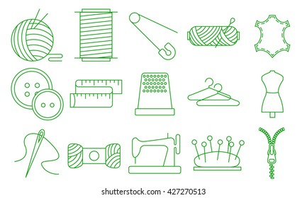 Sewing icons. Embroidery equipment. Bobbin, safety pin, needle, zipper, pincushion and other things for stitching. Line art vector illustration.