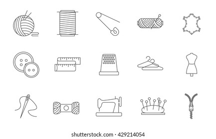 Sewing icons. Embroidery equipment. Bobbin, safety pin, needle, zipper, pincushion and other things for stitching. Line art vector illustration.