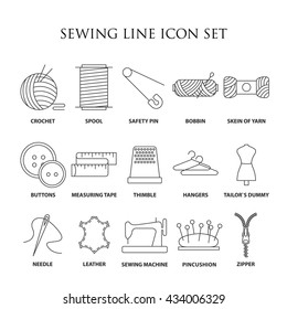 Sewing icons. Embroidery equipment. Bobbin, safety pin, needle, zipper, pincushion and other things for stitching. Line art vector illustration.