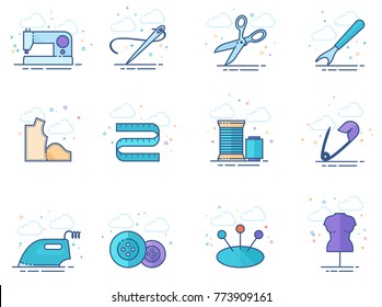 Sewing icons in flat colors style. Vector illustration.