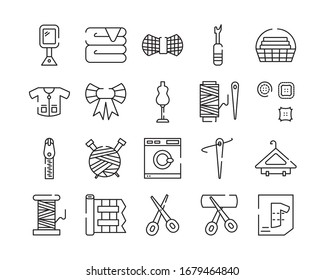 Sewing icons flat thin line vector set. Outline tools and accessories for tailoring and needlework. Linear handmade clothes atelier symbols. Dressmaker instruments kit. Seamstress with work equipment