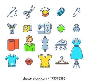 Sewing icons flat thin line vector set. Outline tools and accessories for tailoring and needlework. Linear handmade clothes atelier symbols. Dressmaker instruments kit. Seamstress with work equipment