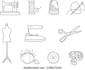 Sewing icons including a sewing machine, thread, bobbin, needle and thread iron, scissors, shears, thimble, tailors dress form, pin cushion, button, tape measure, line art illustrations