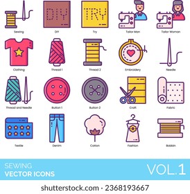 Iconos de costura Incluyendo aguja, costura, diseño, moda, sastre, hilo, coser, equipo, máquina, artesanía, tela, sastrería, herramienta, costura, ropa, tela, industria, ropa, hobby, textil
