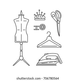 Sewing icons outline vector set. Outline tools and equipment for dressmaker and needlework. Linear vector atelier symbols. Tailor instruments tools kit.