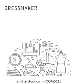 Sewing icons outline vector set. Outline tools and equipment for dressmaker and needlework. Linear vector atelier symbols. Tailor instruments tools kit.