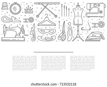 Sewing icons outline vector set. Outline tools and equipment for dressmaker and needlework. Linear vector atelier symbols. Tailor instruments tools kit.