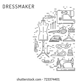 Sewing icons outline vector set. Outline tools and equipment for dressmaker and needlework. Linear vector atelier symbols. Tailor instruments tools kit.