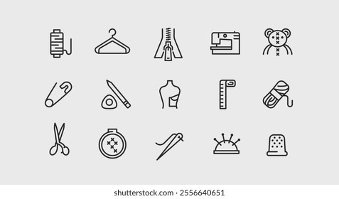 Sewing icons. Set of 15 sewing trendy minimal icons. Example: Dressform, Hanger, Thread, Fabric, Sewing machine icon. Design signs for web page, mobile app, packaging design. Vector illustration.