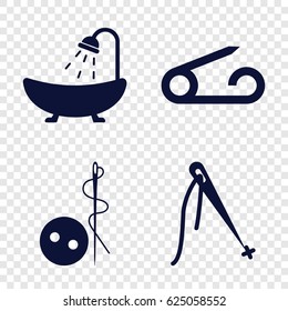Sewing icons set. set of 4 sewing filled icons such as pin, needle button, shower