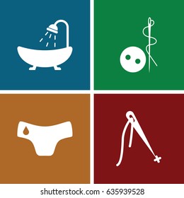 Sewing icons set. set of 4 sewing filled icons such as children panties, needle button, shower