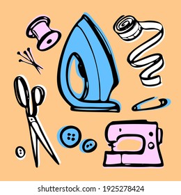 sewing icons set. atelier tailoring. iron, sewing machine. threads and buttons - vector sketch