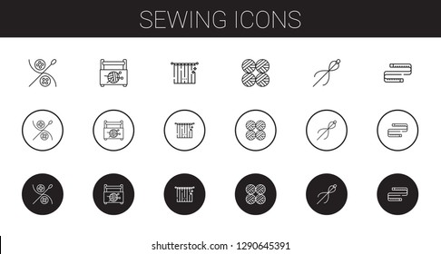 sewing icons set. Collection of sewing with sewing box, curtains, wool balls, measuring tape. Editable and scalable icons.