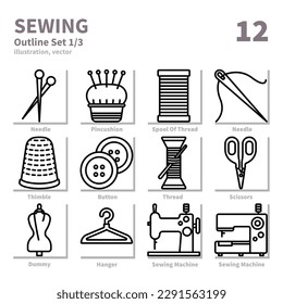 Sewing icons set, Detailed Outline, vector and illustration set 1