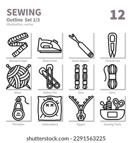 Sewing icons set, Detailed Outline, vector and illustration set 2