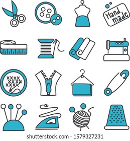 
Sewing icons set, hand made. 16 outline icons.