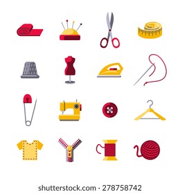 Sewing icons set with hanger shears pin cushion isolated vector illustration