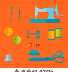 Sewing icons set - sewing machine, pins, thread, thimble, needle, buttons and scissors