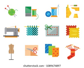 Sewing icons set with sewing machine, yarn with knitting needles and sewing pattern. Thirteen vector icons