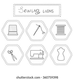 Sewing icons set on white background, vector illustration