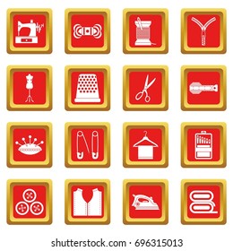 Sewing icons set in red color isolated vector illustration for web and any design