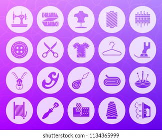 Sewing icons set. Web sign kit of fashion. Embroidery pictogram collection includes knitting sewing machine, zip. Simple sewing vector symbol. Icon shape carved from circle on purple violet background