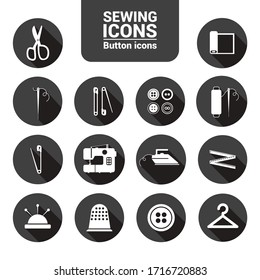 Sewing icons.Vector sewing images. Black circular icon with shadow.