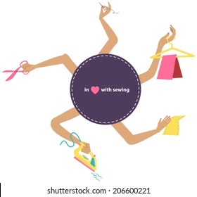 Sewing illustration with collection of different tools in hands, craft background, VECTOR