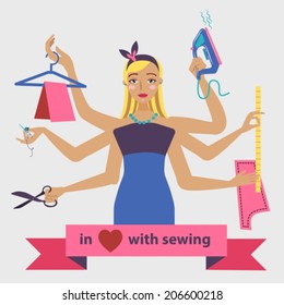 Sewing illustration with dressmaker and different tools, craft color beautiful background, VECTOR