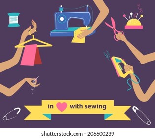 Sewing illustration with dressmaker and different tools, craft color beautiful background, VECTOR