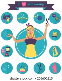Sewing illustration with dressmaker and differnt tools, craft color beautiful background, VECTOR