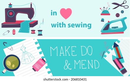 Sewing illustration, flat design, two color banners, VECTOR