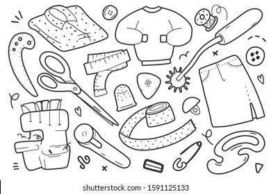 Sewing illustration kit, collection of dressmaking and needlework supplies isolated doodle drawings, supplies and tools for seamstress, set of outline vector clip arts, good for tailor or workshop.