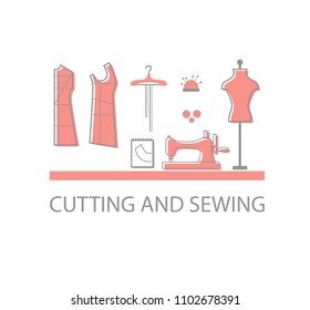 Sewing illustration set. Mannequin, sewing machine, notebook, patterns, buttons, needles. Vector illustration. For sewing workshops, online courses, schools sewing and modeling clothes