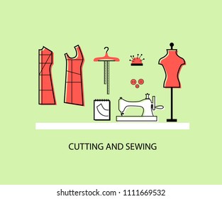 Sewing illustration set. Mannequin, sewing machine, notebook, patterns, buttons, needles. Vector illustration. For sewing workshops, online courses, schools sewing and modeling clothes
