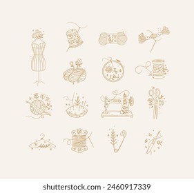 Sewing item icons scissors, mannequin, pin, thimble, wool, threads, yarn, skein, bobbin, pillow, sewing machine, hanger, embroidery circle, hook drawing in floral style with beige on light background