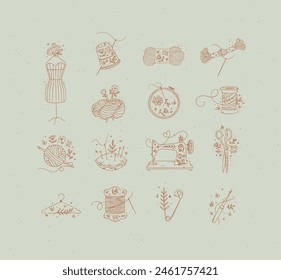 Sewing item icons scissors, mannequin, pin, thimble, wool, threads, yarn, skein, bobbin, pillow, sewing machine, hanger, embroidery circle, hook drawing in floral style on turquoise background