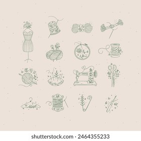 Sewing item icons scissors, mannequin, pin, thimble, wool, threads, yarn, skein, bobbin, pillow, sewing machine, hanger, embroidery circle, hook drawing in floral style with green on beige background