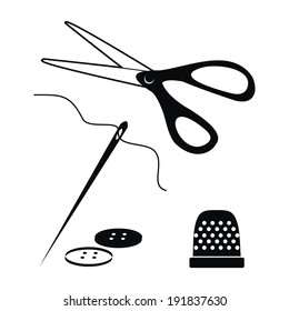 sewing item, set, needle, scissors, thimble, buttons, vector icon