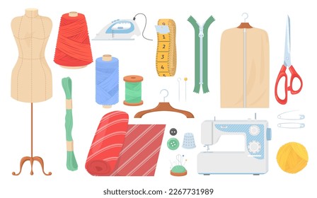 Sewing items flat vector set. Handmade crafts isolated on white background. Sewing machine, threads, scissors, dummy, tape, iron, pins, clothes hanger and accessories illustration