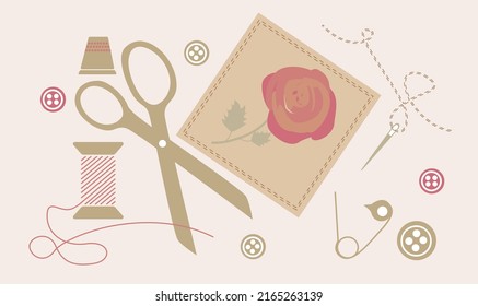 Sewing items and needlework with embroidery rose isolated on beige background. Flat vector icons. 