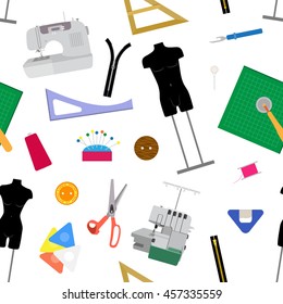 Sewing Items Pattern on the White Background .Seamless fashion background. Sewing accessories backdrop for hand made hobby. Vector illustration flat design