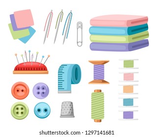Sewing items set. Tailoring equipment collection. Flat needlework icons- needle,button,measure tape, thread and others. Flat vector illustration isolated on white background.
